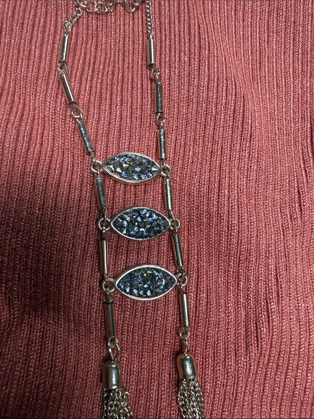 Gold-Tone Layered Tassel Necklace with Blue/Brown Accents - Picture 2 of 3
